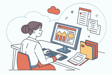 Fototapeta premium Person working on a computer at a desk, managing digital projects and analyzing data with visuals displayed on the screen in a modern office setting