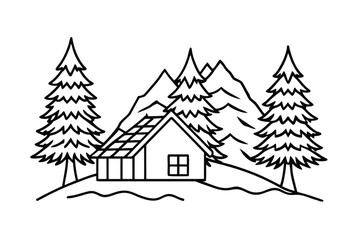 Snow Covered Trees And Cabin