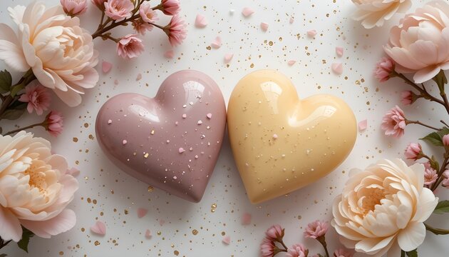 yellow and mouve color heart and flowers on a white background