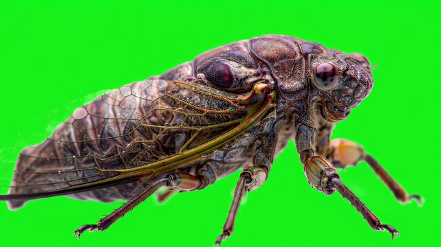 Close-up macro shot of a cicada insect isolated on a vibrant green screen background, ready for chroma keying