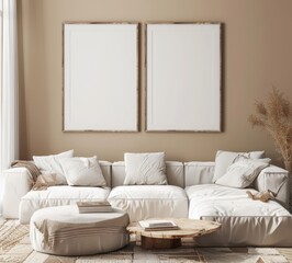 Two empty frames above a white sofa and a round ottoman in a cozy living room