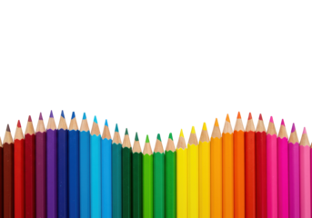 Sharpened wooden colored pencils in a vibrant rainbow gradient, from maroon to hot pink, standing upright in a wavy line on a pristine clean white background with copy space above, studio lighting,
