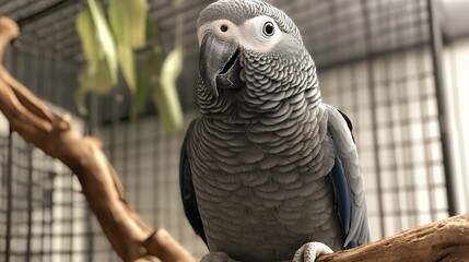 A curious African Grey Parrot perched on a branch, showcasing its detailed plumage