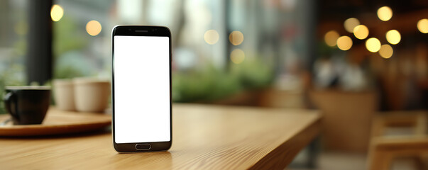 Modern smartphone on a wooden table in a cozy cafe with soft lighting and blurred background