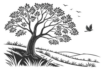 Obraz premium Beautiful black and white illustration of a tree with leaves, birds flying in the sky above, and rolling hills in the background during a peaceful nature scene