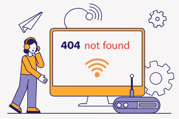 Naklejka premium Error page illustration showing a character with headphones beside a computer displaying 404 not found message and connection symbol