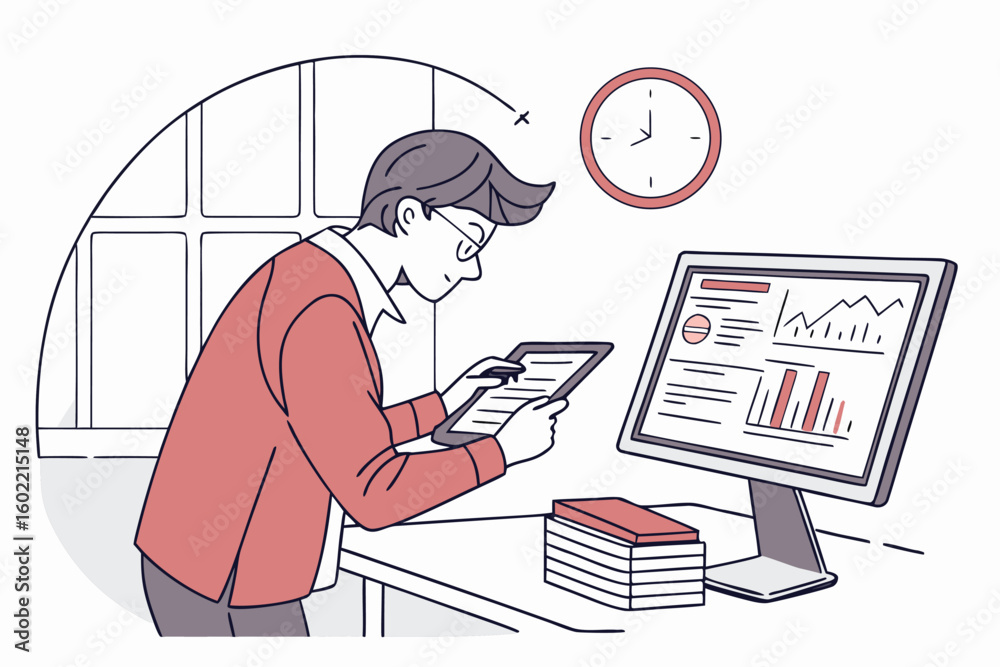 Poster professional working on data analysis using a tablet while looking at a computer screen displaying g
