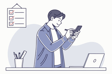 Young man engaging in digital note-taking while standing at a desk with a laptop and checklist on the wall during daytime