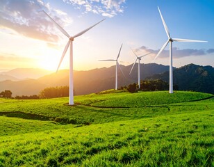 &ldquo;Wind turbines at sunrise with green field, sustainability energy concept