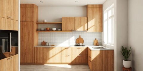 Modern wooden kitchen with natural light and white tiled backsplash interior design