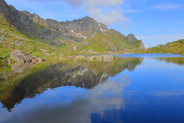 Fototapeta premium Scenic view at Henningsvær and Festvagtind trail in the lofoten islands, Norway