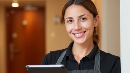 Friendly Hotel Service: A beaming, warm-hearted hotel employee holding a digital tablet in her hands, presenting the embodiment of hotel's excellent service.