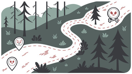 A winding forest path with map markers indicating points of interest and a skull and crossbones symbol signifying danger or a destination