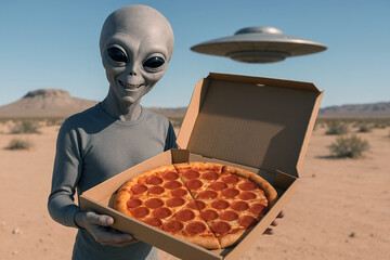 Friendly Alien Offers Pepperoni Pizza in Desert with UFO in Background. Humorous Sci-Fi and Pop Culture Crossover Concept