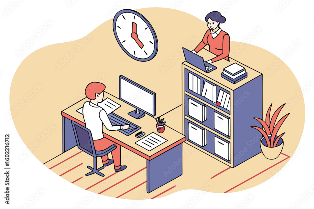 Poster office workspace with two individuals focusing on their tasks, one at a computer and another using a