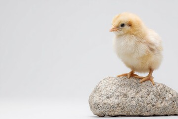 Fototapeta premium A small fluffy yellow chick stands atop a grey stone