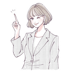 手描き・水彩画風の指を指して説明しているスーツの女性イラスト素材