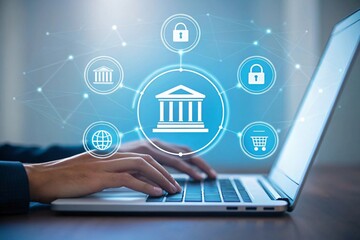 Person typing on laptop with financial icons hands