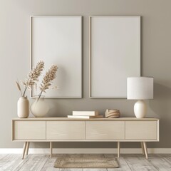 Minimalist living room interior with a wooden console table. two empty frames. dried flowers in vases. books. a lamp and a rug
