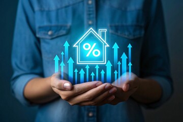 Person holding glowing house with upward arrows percentage