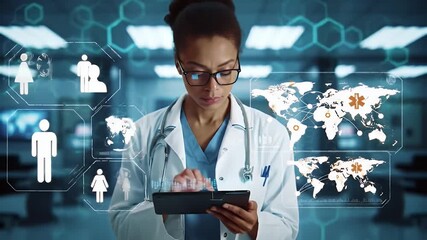 Focused African American Doctor in White Coat Using Digital Tablet Surrounded by Holographic Medical Data Icons and World Map in Modern Clinic - Powered by Adobe