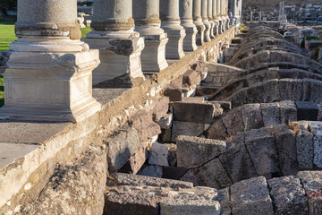 Ruins of ancient Roman stoa with arched substructures and columns in Izmir, Turkey