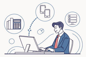 Professional working on a computer with integrated technology devices and data management concepts during daytime in an office setting