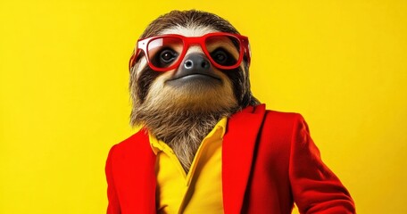 Playful Sloth in Red Blazer and Sunglasses Against Yellow Background Cool looking wearing funky fashion