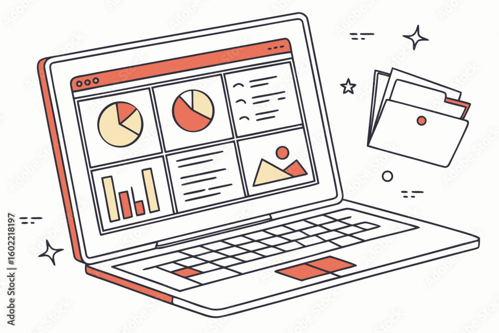 Poster digital analytics dashboard displaying pie charts, bar graphs, and data metrics on a laptop with col