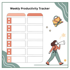 Creative weekly productivity tracker with a woman announcing goals using a megaphone a gift box and stars symbolizing achievement and motivation for planning and organization