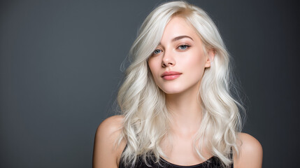 Naklejka premium Stunning Model with Platinum Blonde Waves against Dark Background