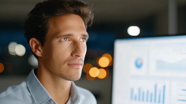 Visionary at Work: A focused professional at his desk, immersed in the glow of his computer screen, showcasing determination and insightful analysis amidst an office setting.