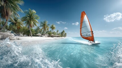 Windsurfer surfing near tropical beach with palm trees on sunny day