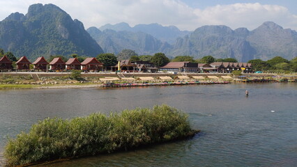 river and mountain landscape in vang vieng