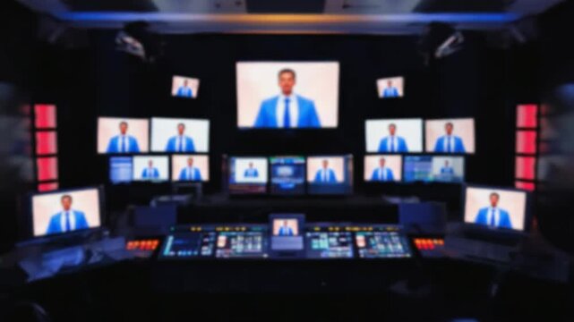 Abstract blur of high-tech TV studio interior with glowing screens and panels