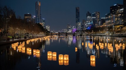 Night cityscape reflected in calm water, numerous illuminated floating lanterns creating a serene, almost magical atmosphere along a riverbank path with people strolling under the city skyline