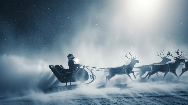 Santa's sleigh making a soft, magical landing on a snow-covered rooftop at night, radiating holiday wonder and Christmas joy. Perfect for seasonal, fantasy, or festive themes.

