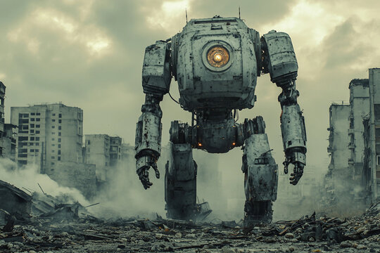 Giant Robot Monster in Apocalyptic City Ruins Science Fiction Scene Generative AI - Powered by Adobe