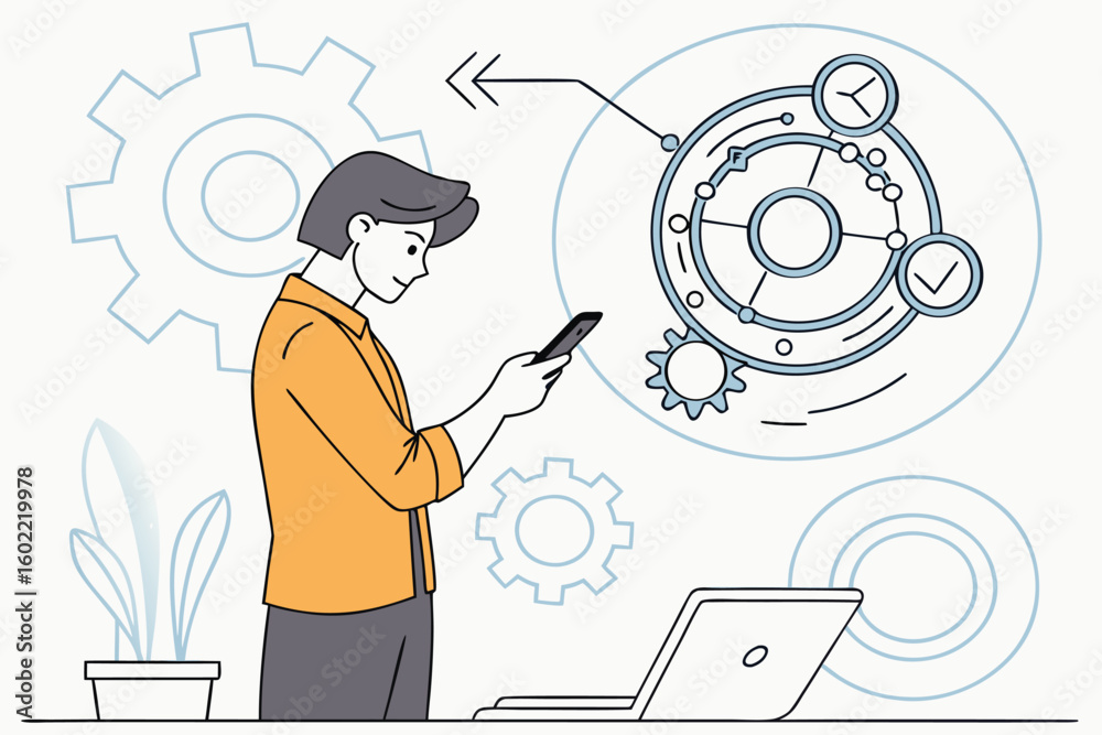 Poster person using smartphone while analyzing technology and automation processes with laptop in a modern 
