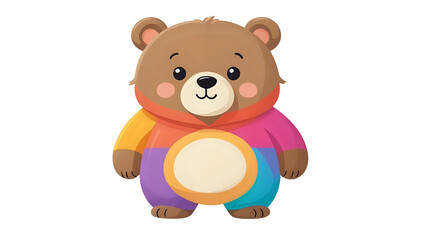 Fototapeta premium Colorful cartoon bear with rainbow outfit and big round head, standing pose PNG
