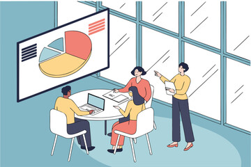 Team collaborates during a business meeting in a modern office setting with presentations and laptops involved