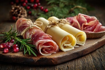 Cheese and meat rolled together such as ham or prosciutto served as festive appetizers