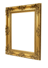 Ornate, vintage-style rectangular gold picture frame with intricate floral and scrollwork carvings, framing empty white space, standing upright on a seamless plain white background with subtle shadow