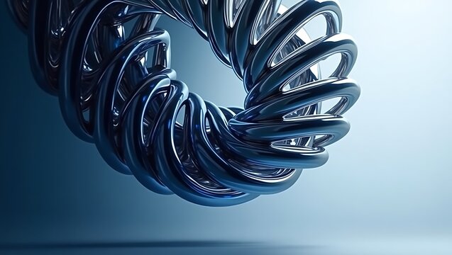 Abstract metallic torus with intricate helical structure – futuristic engineering and data concept.