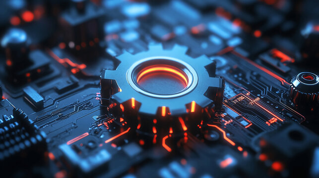 Futuristic technology background with gear and circuit board for digital innovation concept design