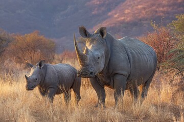 Obraz premium A mother white rhino and her young one take a morning walk in Pilanesberg National Park South Africa