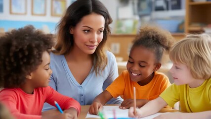 A smiling teacher sits at the front of a classroom surrounded by diverse happy students. Black children studying in school. - Powered by Adobe
