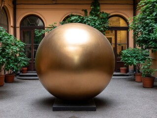 Artistic installation of a gleaming sphere urban courtyard sculpture tranquil setting ground-level view contemporary concept