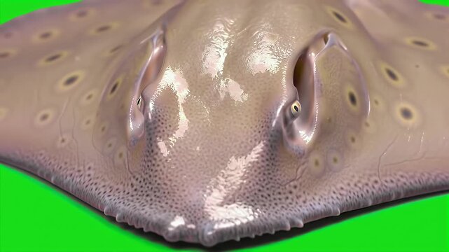 Close-up View of a Stingray's Head with Eyes and Spiracles on a Green Screen Background