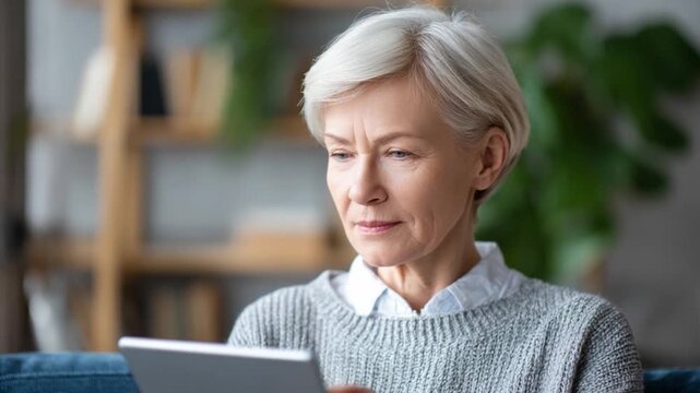 Focused Glance: A serene woman, immersed in contemplation, her gaze fixated on a sleek tablet, evokes a sense of mindful focus and quiet determination.